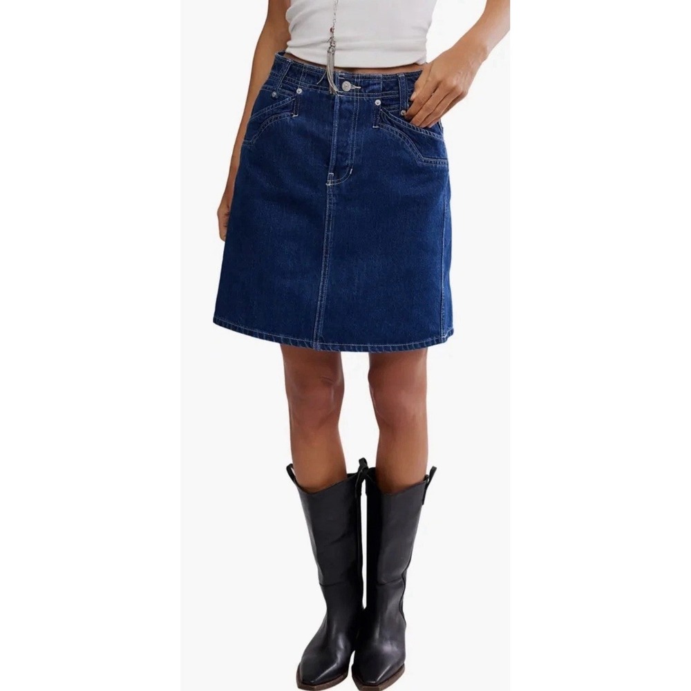 We The Free Suzy Western Denim Midi Skirt Deep Blue Size 24 NWT $128 Free People